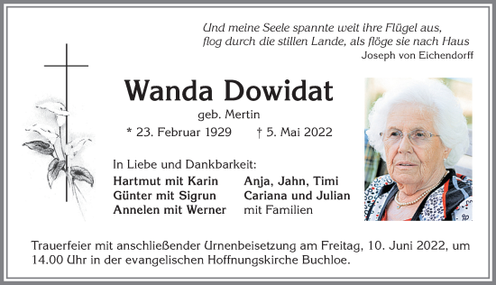 Traueranzeige von Wanda Dowidat von Allgäuer Zeitung, Kaufbeuren/Buchloe