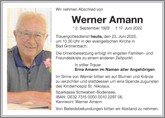 Traueranzeige von Werner Amann von Memminger Zeitung