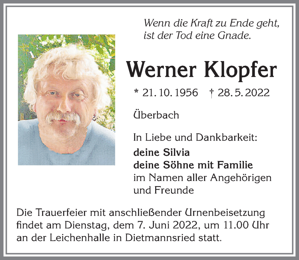  Traueranzeige für Werner Klopfer vom 04.06.2022 aus Allgäuer Zeitung,Kempten