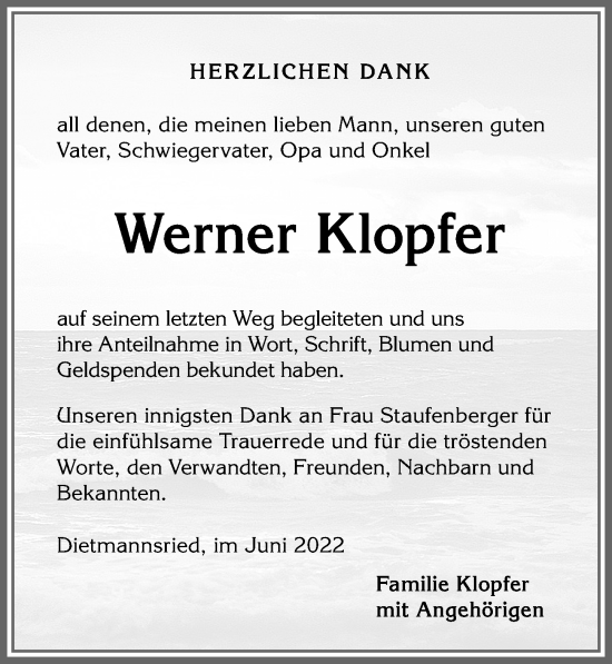 Traueranzeige von Werner Klopfer von Allgäuer Zeitung,Kempten