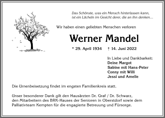 Traueranzeige von Werner Mandel von Allgäuer Anzeigeblatt