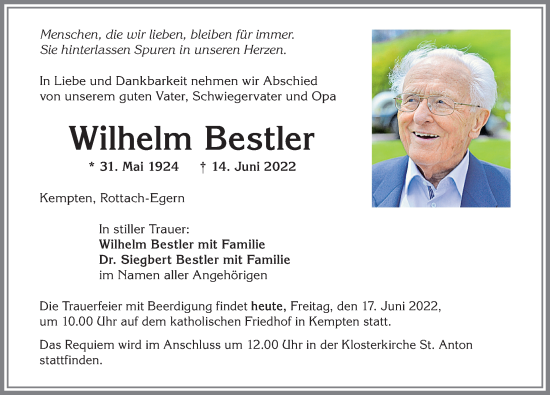 Traueranzeige von Wilhelm Bestler von Allgäuer Zeitung,Kempten