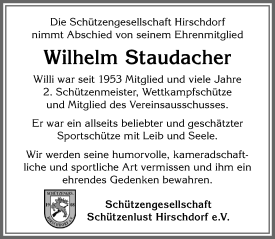 Traueranzeige von Wilhelm Staudacher von Allgäuer Zeitung,Kempten