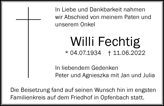 Traueranzeige von Willi Fechtig von Der Westallgäuer