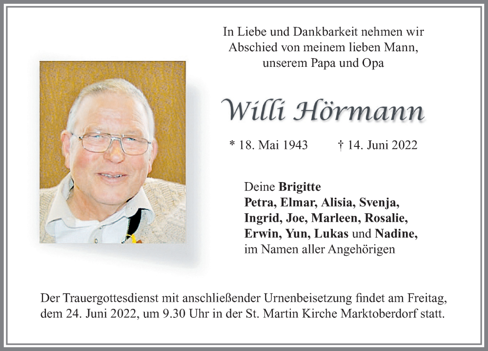  Traueranzeige für Willi Hörmann vom 22.06.2022 aus Allgäuer Zeitung, Marktoberdorf