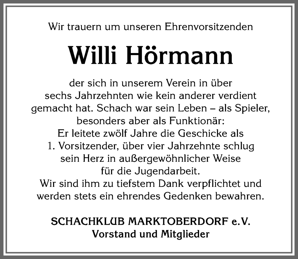 Traueranzeige für Willi Hörmann vom 23.06.2022 aus Allgäuer Zeitung, Marktoberdorf