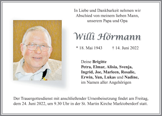 Traueranzeige von Willi Hörmann von Allgäuer Zeitung, Marktoberdorf