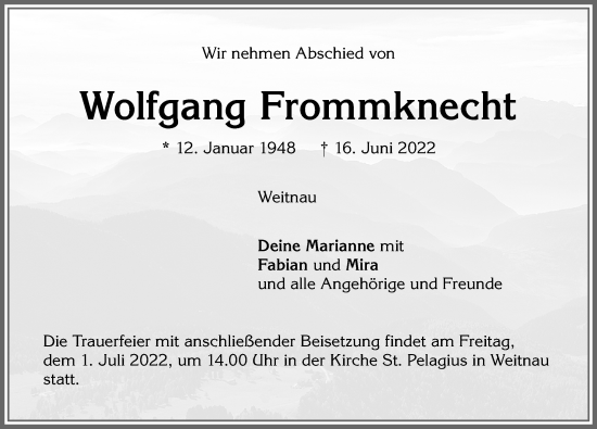 Traueranzeige von Wolfgang Frommknecht von Allgäuer Zeitung,Kempten