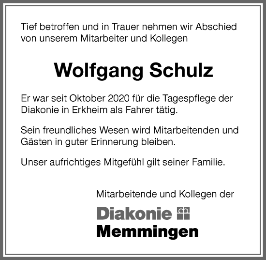 Traueranzeige von Wolfgang Schulz von Memminger Zeitung