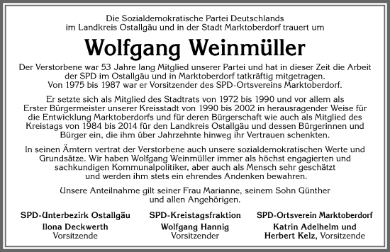 Traueranzeige von Wolfgang Weinmüller von Allgäuer Zeitung, Marktoberdorf