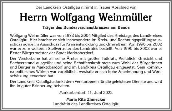 Traueranzeige von Wolfgang Günter Weinmüller von Allgäuer Zeitung, Kaufbeuren/Buchloe