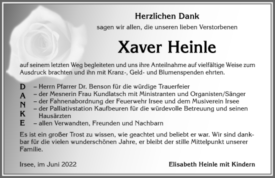 Traueranzeige von Xaver Heinle von Allgäuer Zeitung, Kaufbeuren/Buchloe
