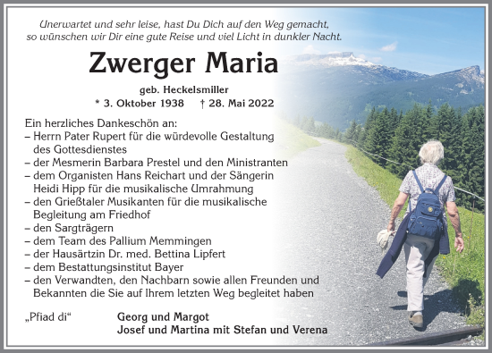 Traueranzeige von Zwerger Maria von Memminger Zeitung