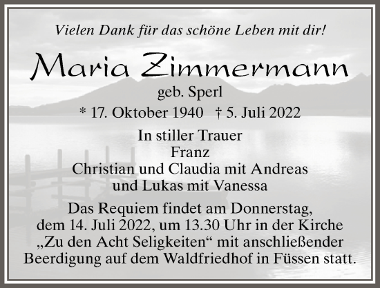 Traueranzeige von Maria Zimmermann 