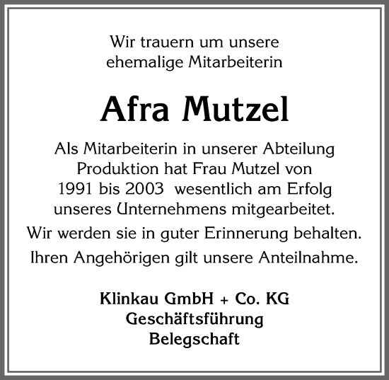 Traueranzeige von Afra Mutzel von Allgäuer Zeitung, Marktoberdorf