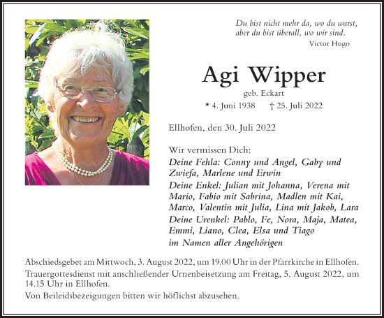 Traueranzeige von Agi Wipper von Der Westallgäuer