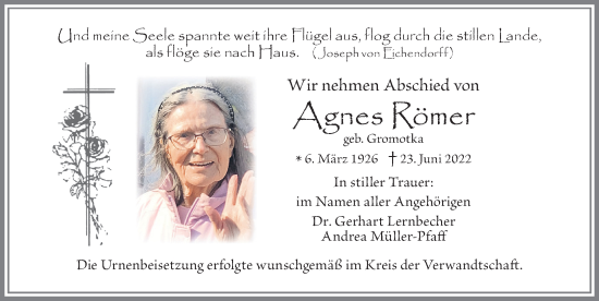 Traueranzeige von Agnes Römer von Allgäuer Zeitung, Füssen