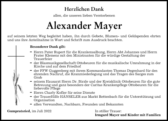 Traueranzeige von Alexander Mayer von Memminger Zeitung