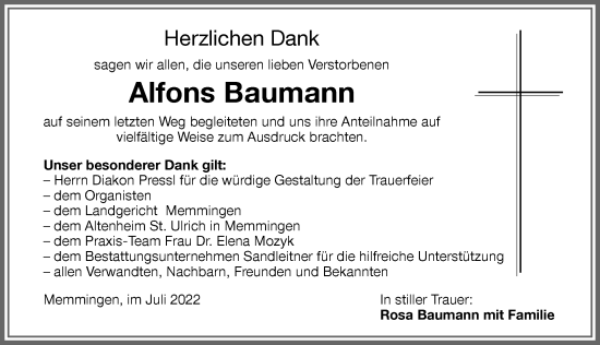 Traueranzeige von Alfons Baumann von Memminger Zeitung