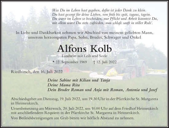 Traueranzeige von Alfons Kolb von Der Westallgäuer