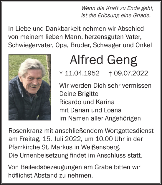 Traueranzeige von Alfred Geng von Der Westallgäuer