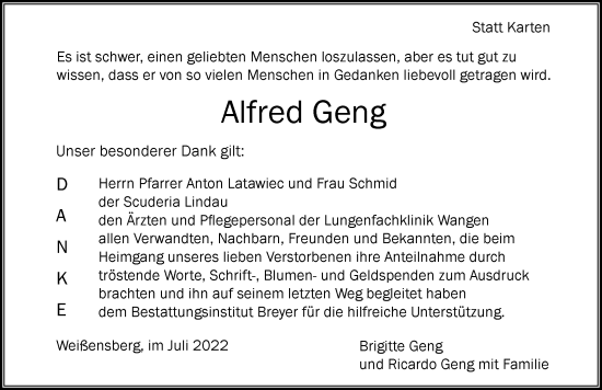 Traueranzeige von Alfred Geng von Der Westallgäuer