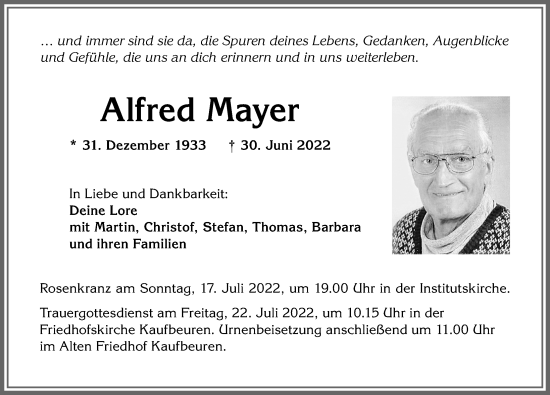 Traueranzeige von Alfred Mayer von Allgäuer Zeitung, Kaufbeuren/Buchloe
