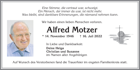 Traueranzeige von Alfred Motzer von Allgäuer Zeitung, Kaufbeuren/Buchloe