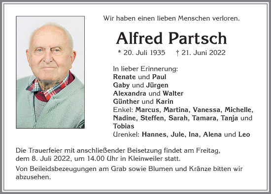 Traueranzeige von Alfred Partsch von Allgäuer Zeitung,Kempten