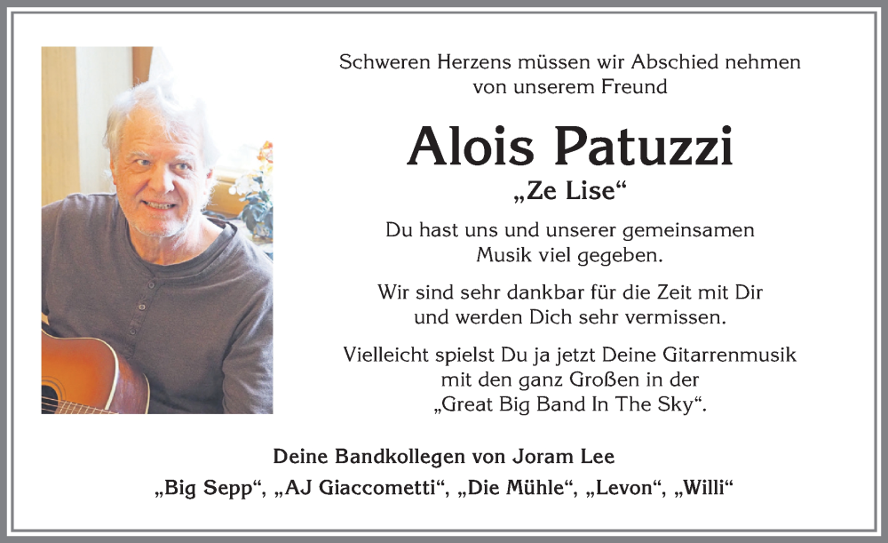  Traueranzeige für Alois Patuzzi vom 02.07.2022 aus Allgäuer Anzeigeblatt