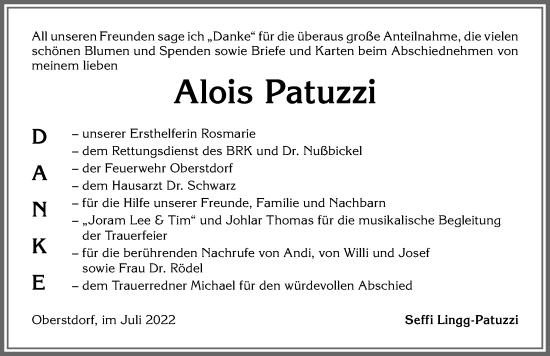Traueranzeige von Alois Patuzzi von Allgäuer Anzeigeblatt