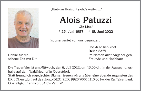 Traueranzeige von Alois Patuzzi von Allgäuer Anzeigeblatt