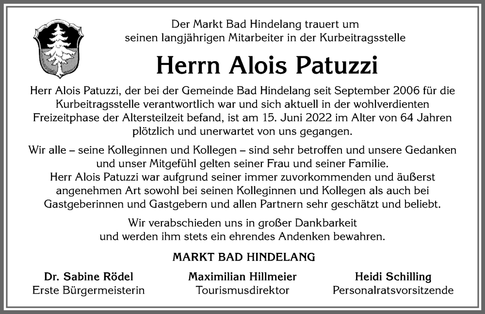  Traueranzeige für Alois Patuzzi vom 02.07.2022 aus Allgäuer Anzeigeblatt