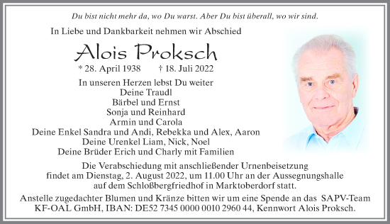 Traueranzeige von Alois Proksch von Allgäuer Zeitung, Marktoberdorf