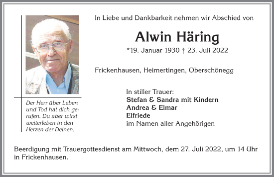 Traueranzeige von Alwin Häring von Memminger Zeitung