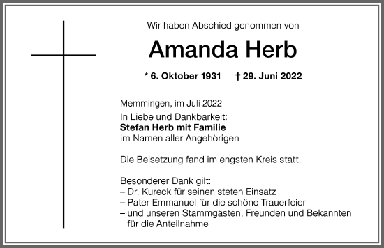 Traueranzeige von Amanda Herb von Memminger Zeitung