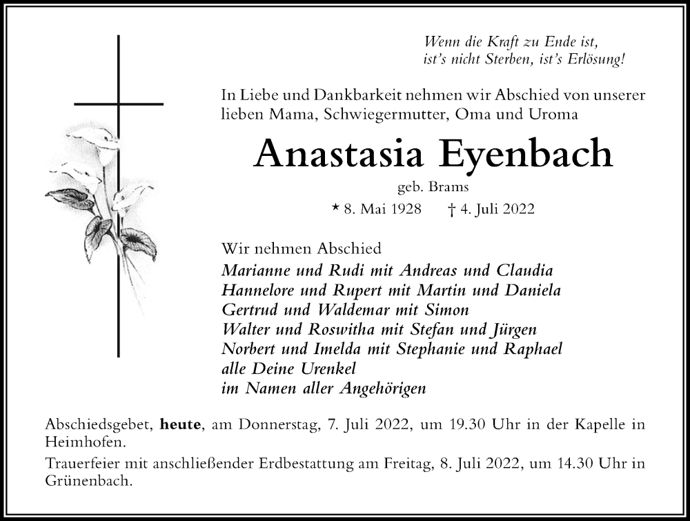  Traueranzeige für Anastasia Eyenbach vom 07.07.2022 aus Der Westallgäuer