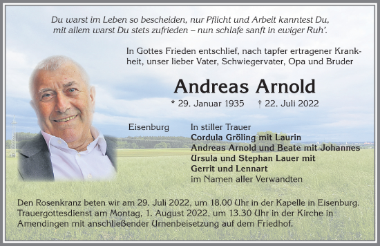 Traueranzeige von Andreas Arnold von Memminger Zeitung