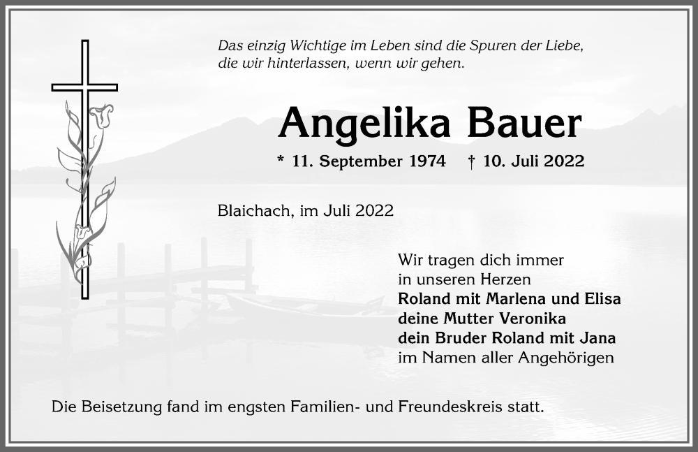  Traueranzeige für Angelika Bauer vom 30.07.2022 aus Allgäuer Anzeigeblatt