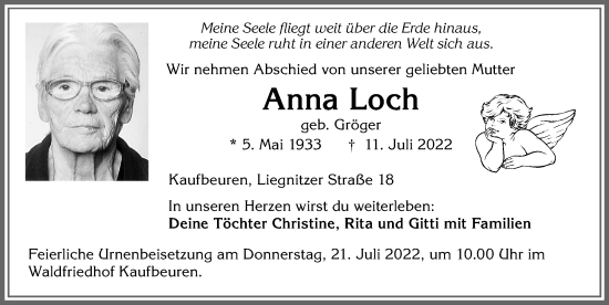 Traueranzeige von Anna Loch von Allgäuer Zeitung, Kaufbeuren/Buchloe