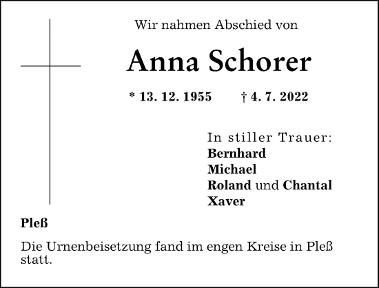 Traueranzeige von Anna Schorer von Memminger Zeitung