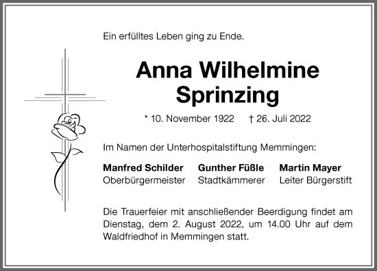 Traueranzeige von Anna Sprinzing von Memminger Zeitung