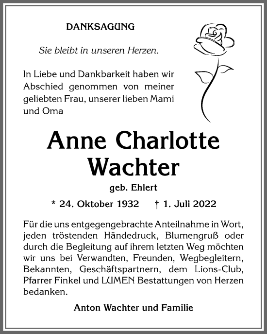 Traueranzeige von Anne Wachter von Allgäuer Zeitung,Kempten