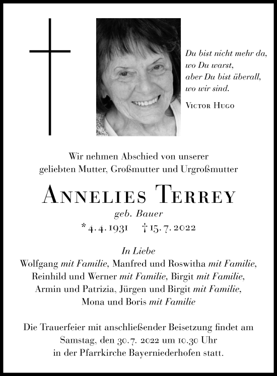 Traueranzeige von Annelies Terrey von Allgäuer Zeitung, Füssen