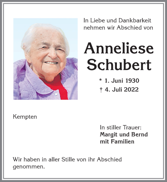 Traueranzeige von Anneliese Schubert von Allgäuer Zeitung,Kempten