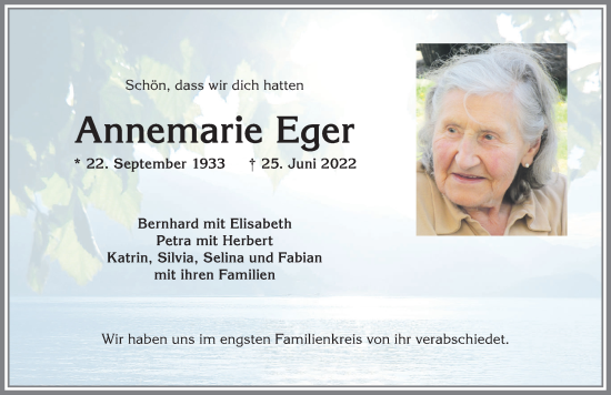 Traueranzeige von Annemarie Eger von Allgäuer Anzeigeblatt