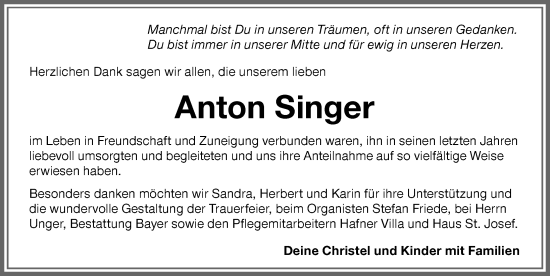 Traueranzeige von Anton Singer von Memminger Zeitung
