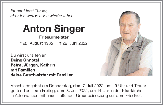 Traueranzeige von Anton Singer von Memminger Zeitung