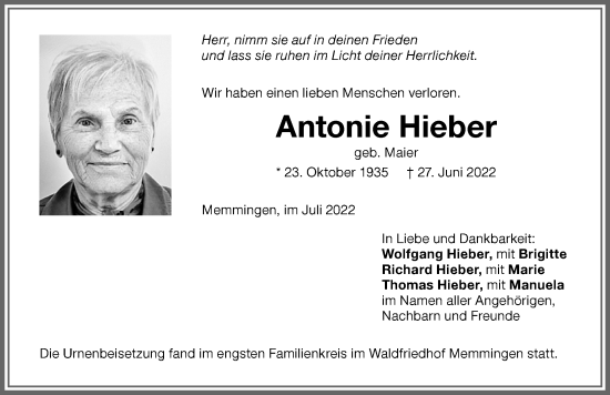 Traueranzeige von Antonie Hieber von Memminger Zeitung