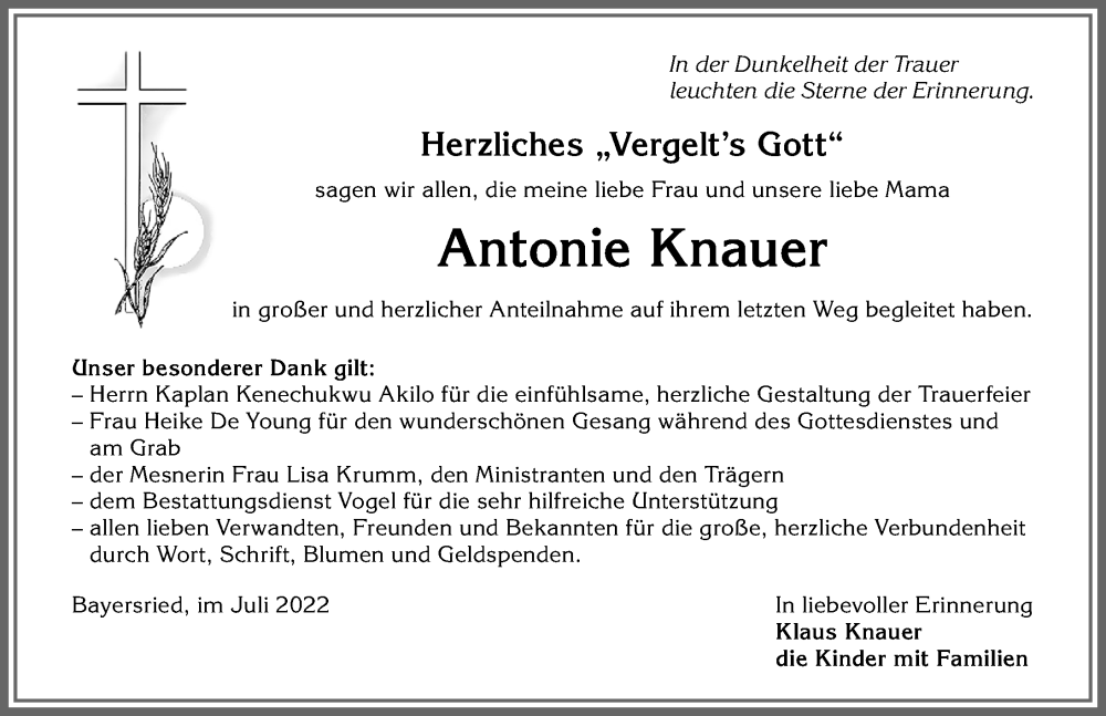  Traueranzeige für Antonie Knauer vom 08.07.2022 aus Allgäuer Zeitung, Marktoberdorf